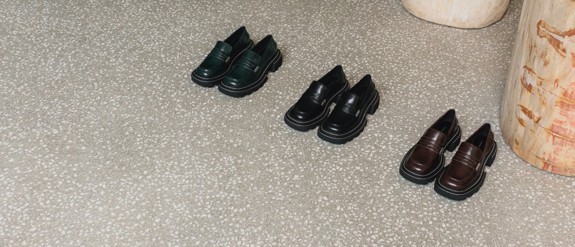 Women’s Perline chunky penny loafers in dark green, black and dark brown - CHARLES & KEITH