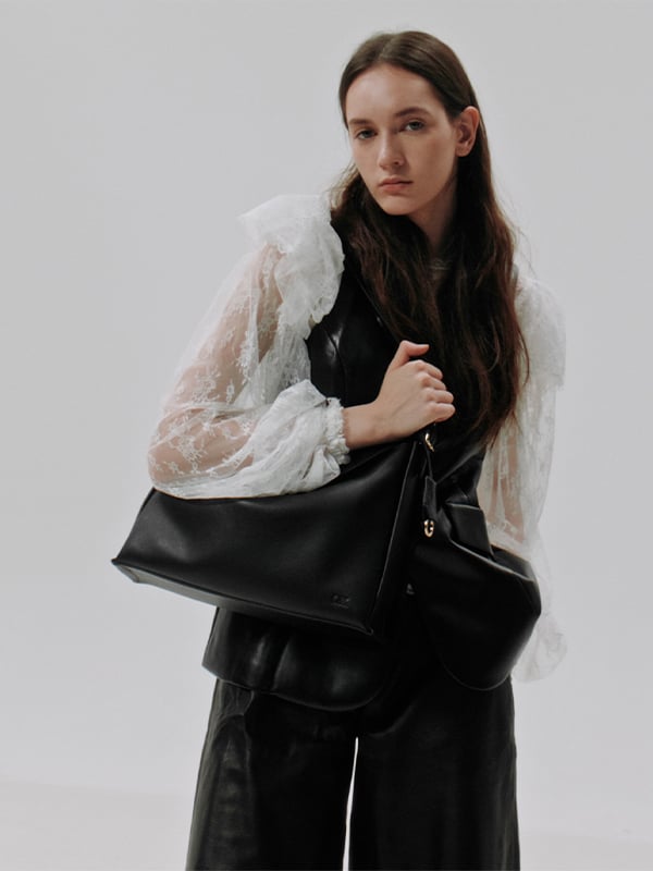 Black Large Leather Top-Flap Hobo Bag  - CHARLES & KEITH