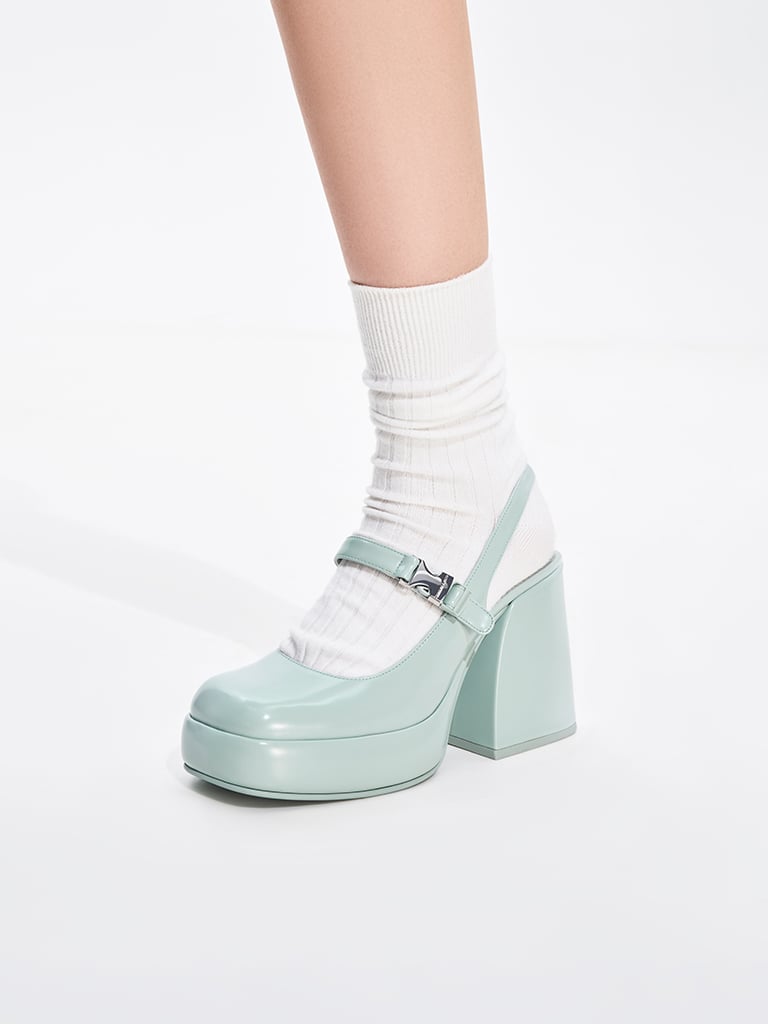 Women’s Laine metallic-buckle platform Mary Janes in light blue - CHARLES & KEITH