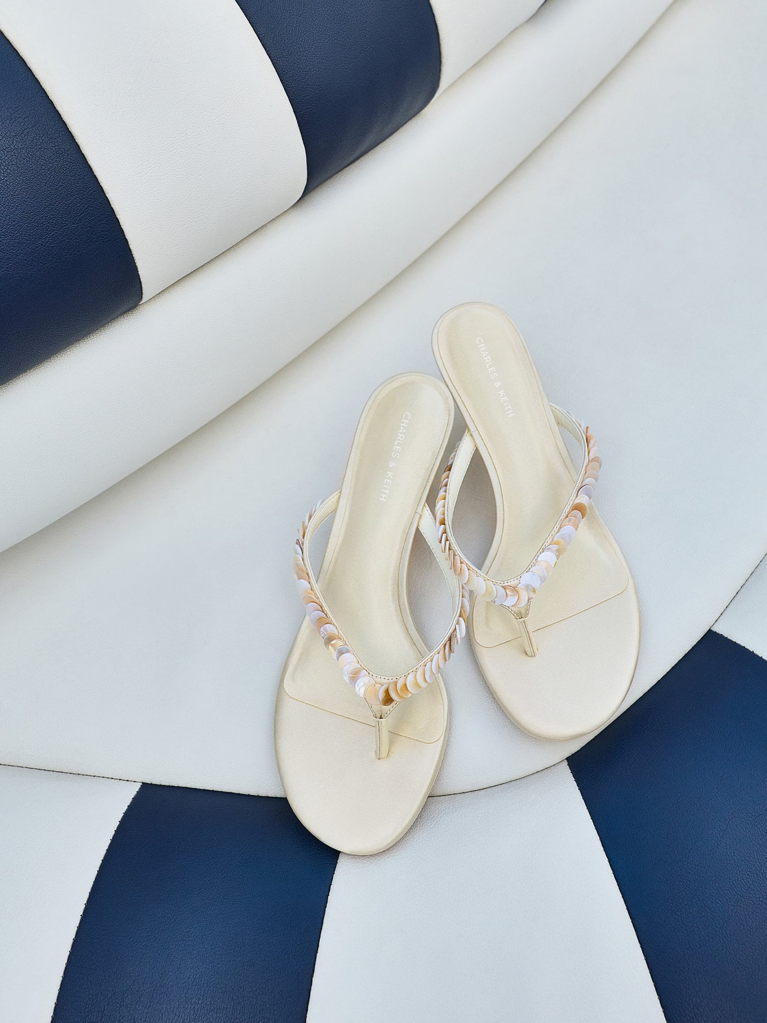 Cream Briella Sequinned Heeled Thong Sandals - CHARLES & KEITH