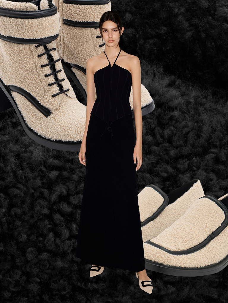 Women’s Rosalie furry leather ankle boots, Rosalie furry leather loafers, and Rosalie leather furry d’Orsay flats – CHARLES & KEITH