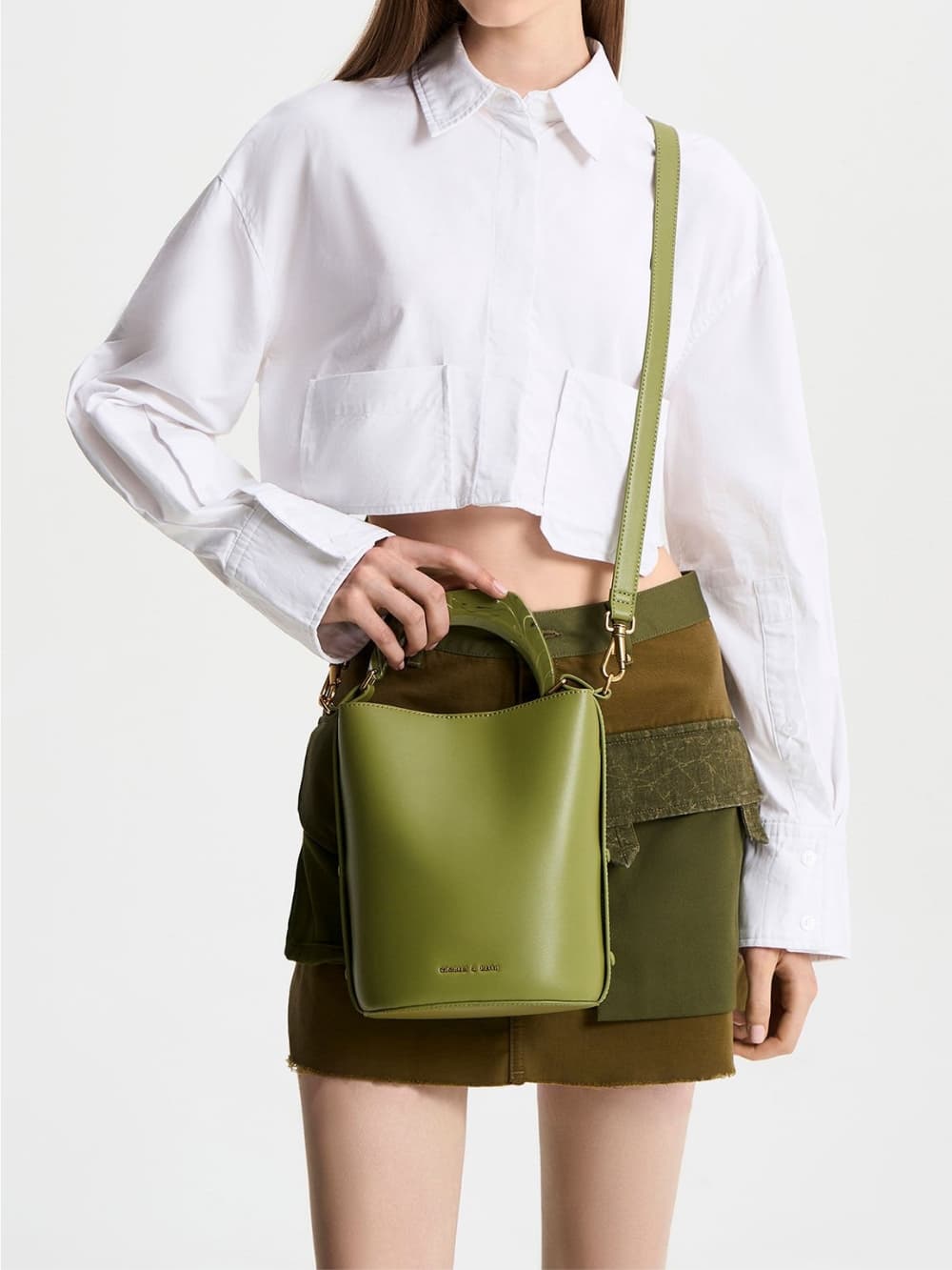 Women’s olive Marlin acrylic top handle bucket bag - CHARLES & KEITH