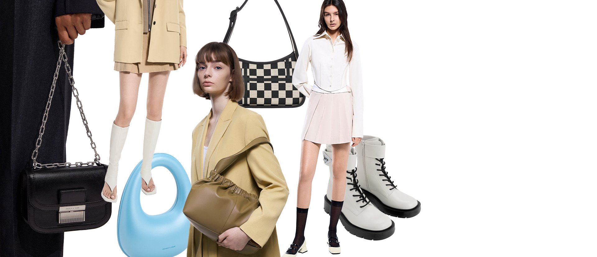 Women’s Charlot chain strap bag, kitten heel thong knee-high boots, sculptural top handle moon bag, Avenue checkered trapeze shoulder bag, large Ally ruched slouchy bag, patent double buckle two-tone Mary Janes and Trice metallic accent ankle boots - CHARLES & KEITH