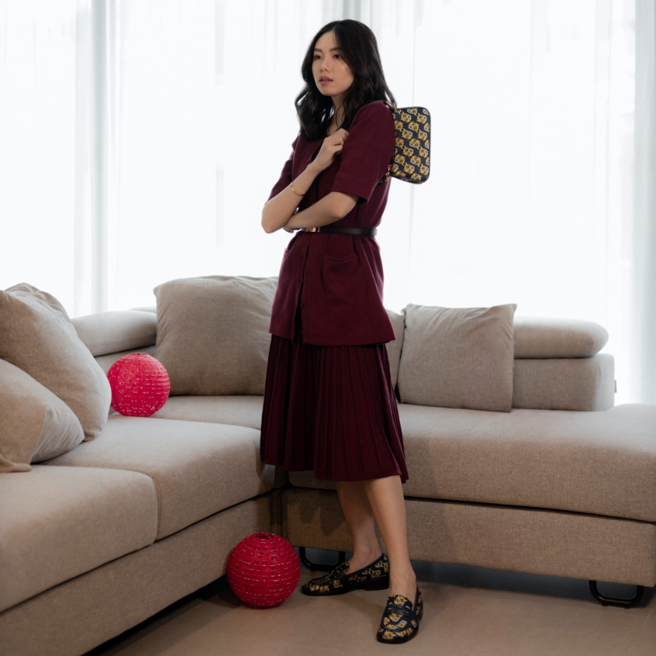 Tiger Print Jacquard Shoulder Bag and Antonia Penny Loafers, both in navy - CHARLES & KEITH