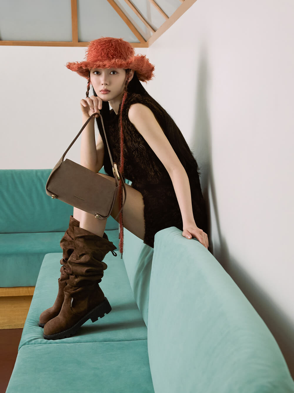 Women’s Aether denim thong boots and Vega faux suede bowling bag - CHARLES & KEITH