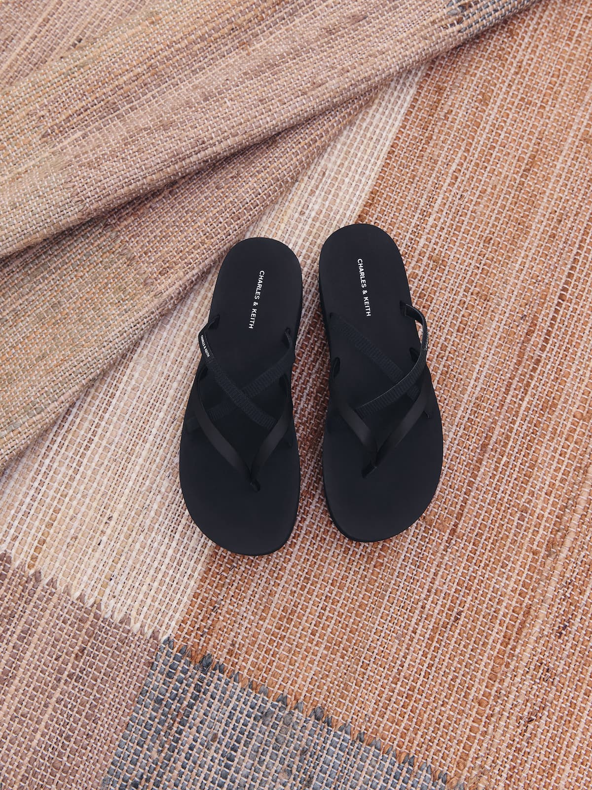 CLevy Satin Strappy Flatform Sandals - Black Textured - CHARLES & KEITH