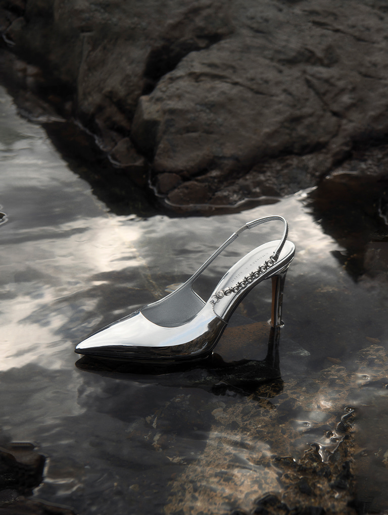 Women’s Gem-Strap Metallic Slingback Pumps in silver - CHARLES & KEITH