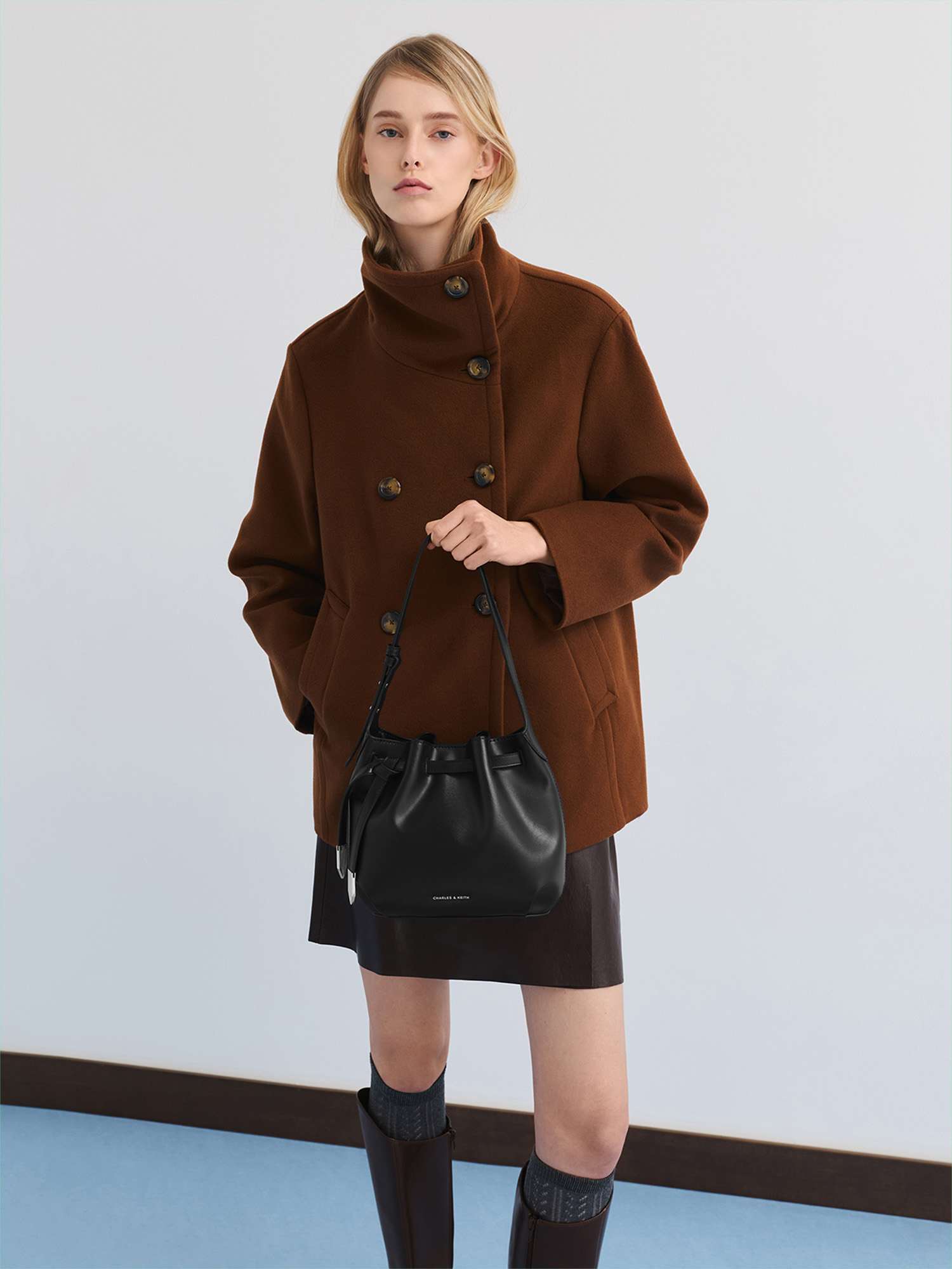 Noir Clementine Metallic-Accent Drawstring Bucket Bag - CHARLES & KEITH