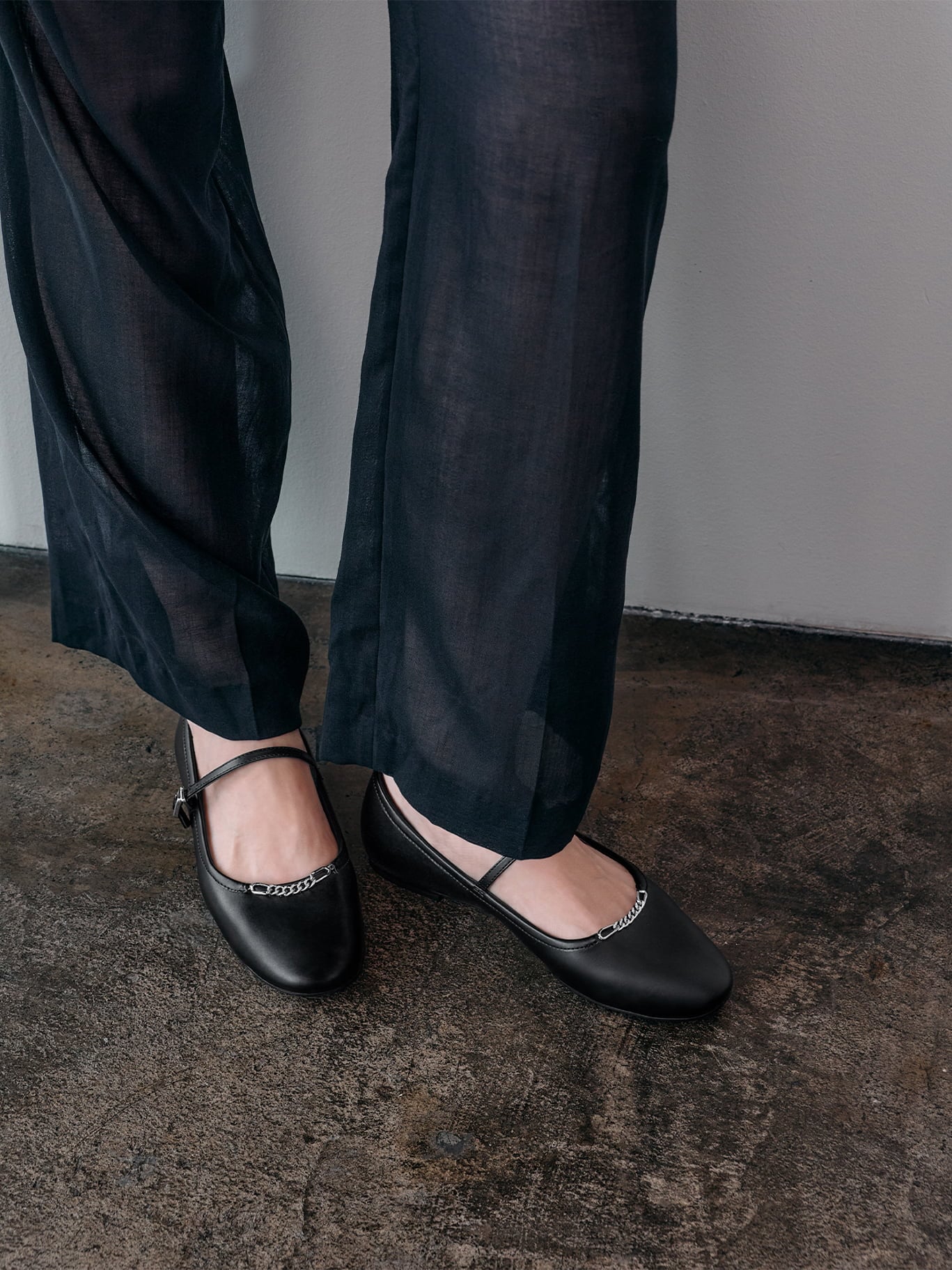 Black Shila Chain Mary Jane Flats - CHARLES & KEITH