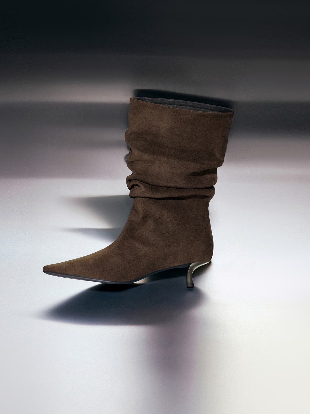 Faux Suede Ruched Kitten-Heel Calf Boots - Dark Brown Textured - CHARLES & KEITH
