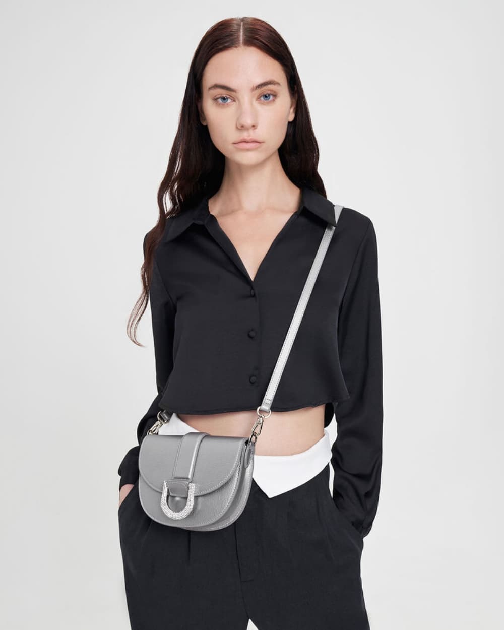 Women’s Pewter Mini Gabine Leather Saddle Bag - CHARLES & KEITH