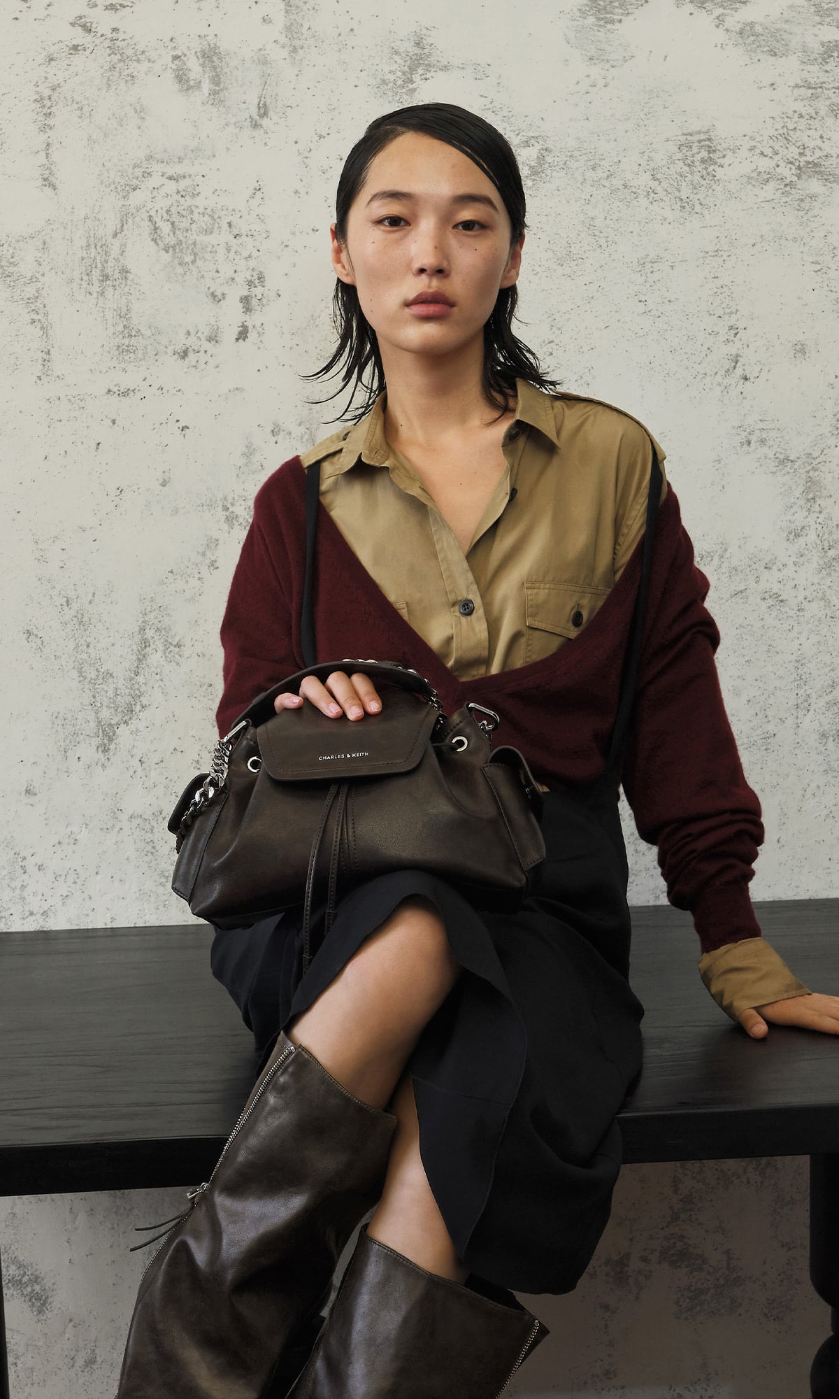 Noane Side-Pocket Bucket Bag, Aether Tassel-Zip Knee-High Boots - CHARLES & KEITH