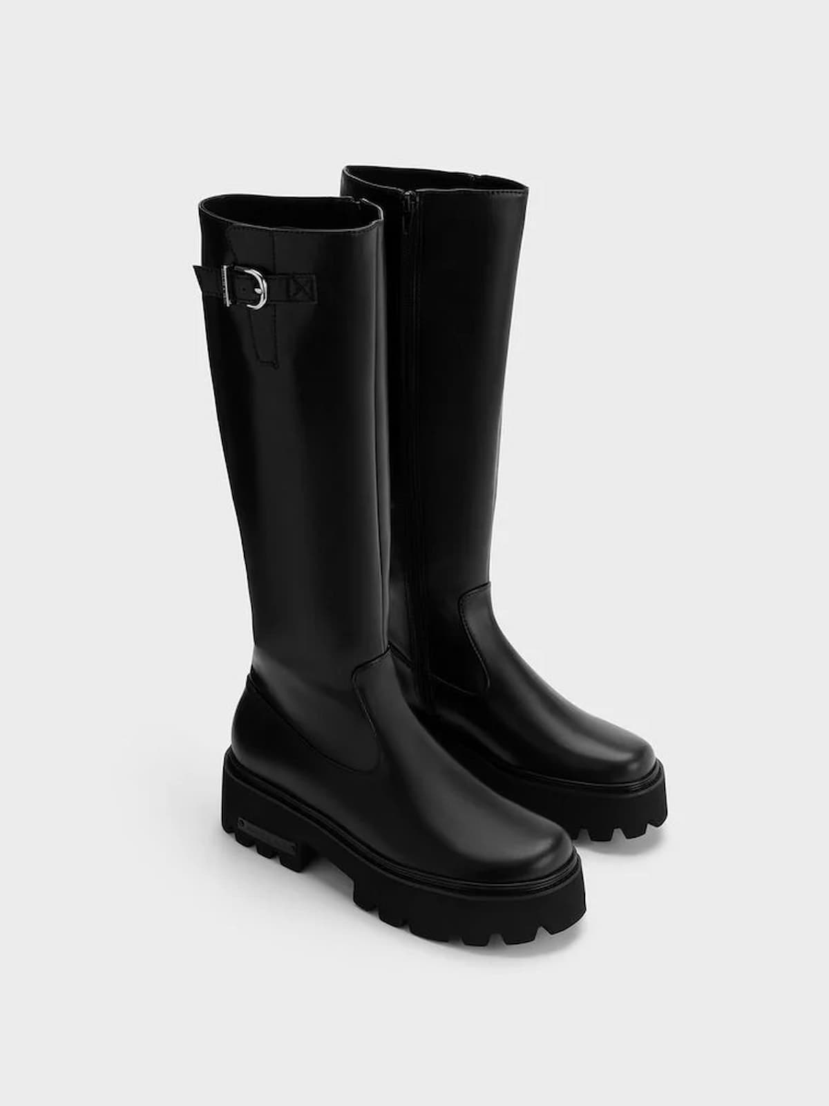 Imogen Side-Buckle Chunky Knee-High Boots - Black - CHARLES & KEITH