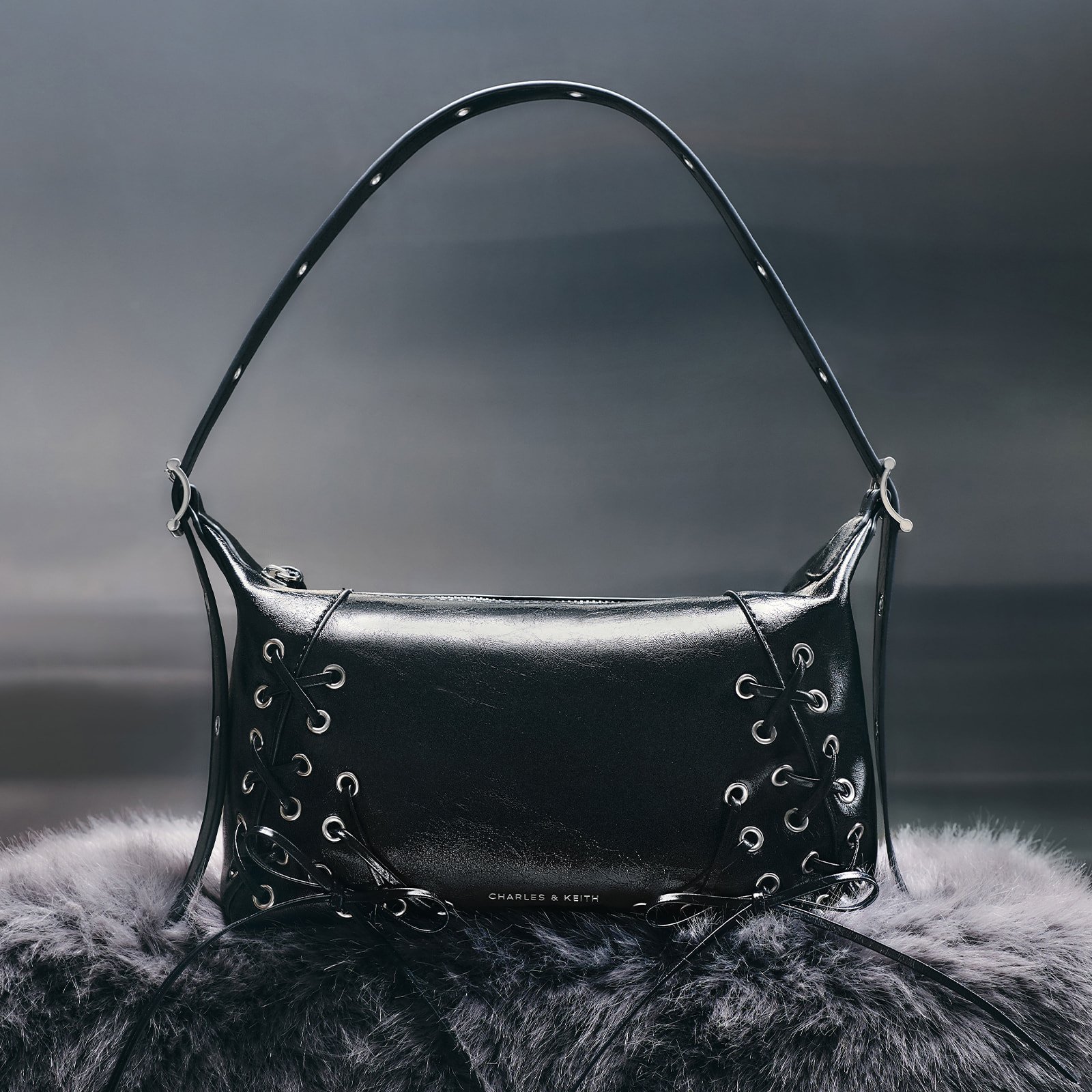 Noir Xylia Grommet Lace-Up Shoulder Bag - CHARLES & KEITH