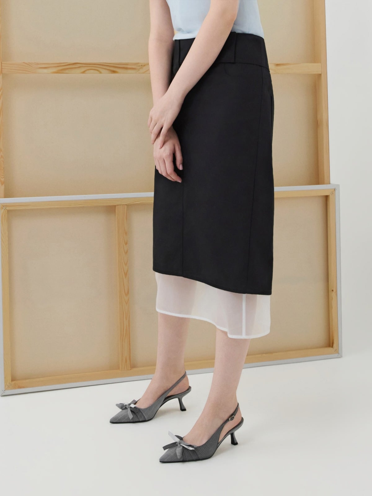 Grey Striped Knot-Bow Pointed Slingback Pumps - CHARLES & KEITH
