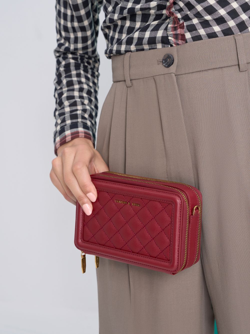 Women’s red quilted boxy long wallet - CHARLES & KEITH