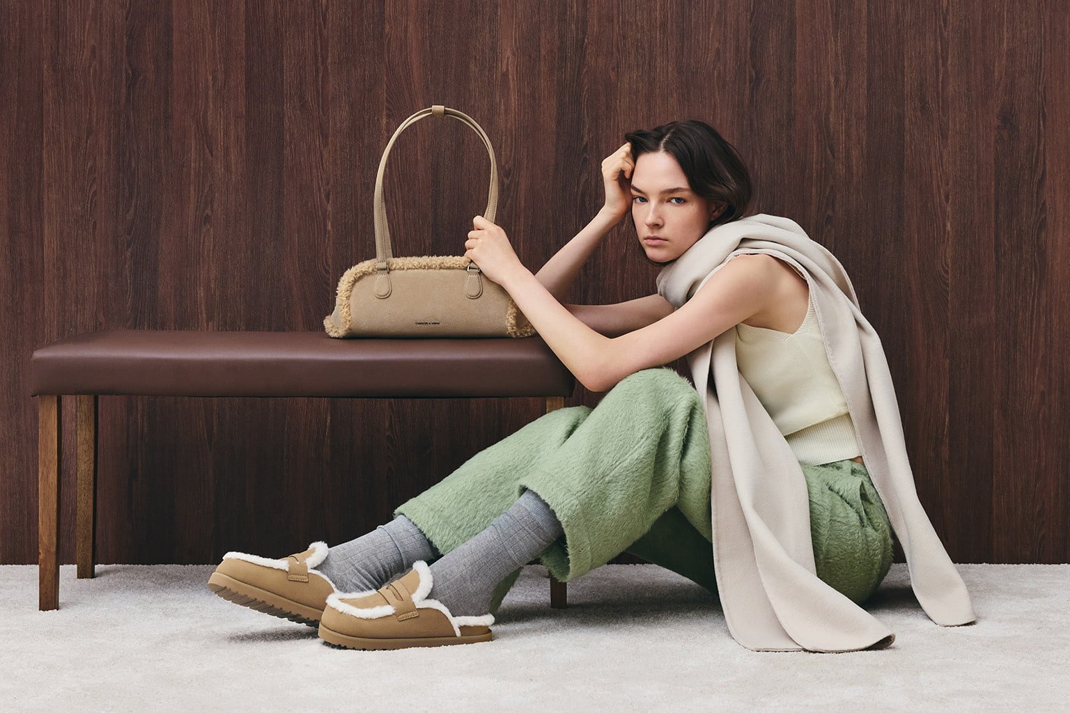 Women's Nelly Recycled Suede & Faux Shearling Elongated shoulder bag in nutmeg beige and Recycled-Fur Flatform mules in brown - CHARLES & KEITH