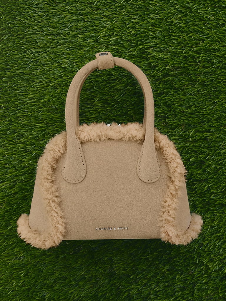 Women's Nelly Recycled Suede & Faux Shearling Bowling bag in nutmeg beige - CHARLES & KEITH