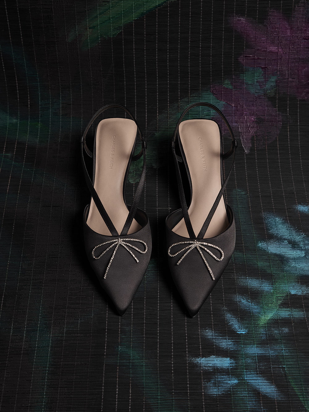 Recycled Polyester Crystal-Bow Kitten-Heel Slingback Pumps in black - CHARLES & KEITH