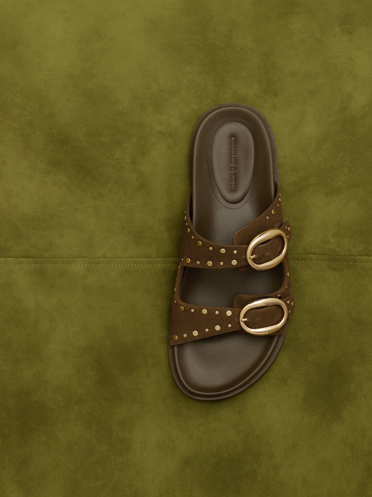 Brown Studded Buckled Double-Strap Slides - CHARLES & KEITH