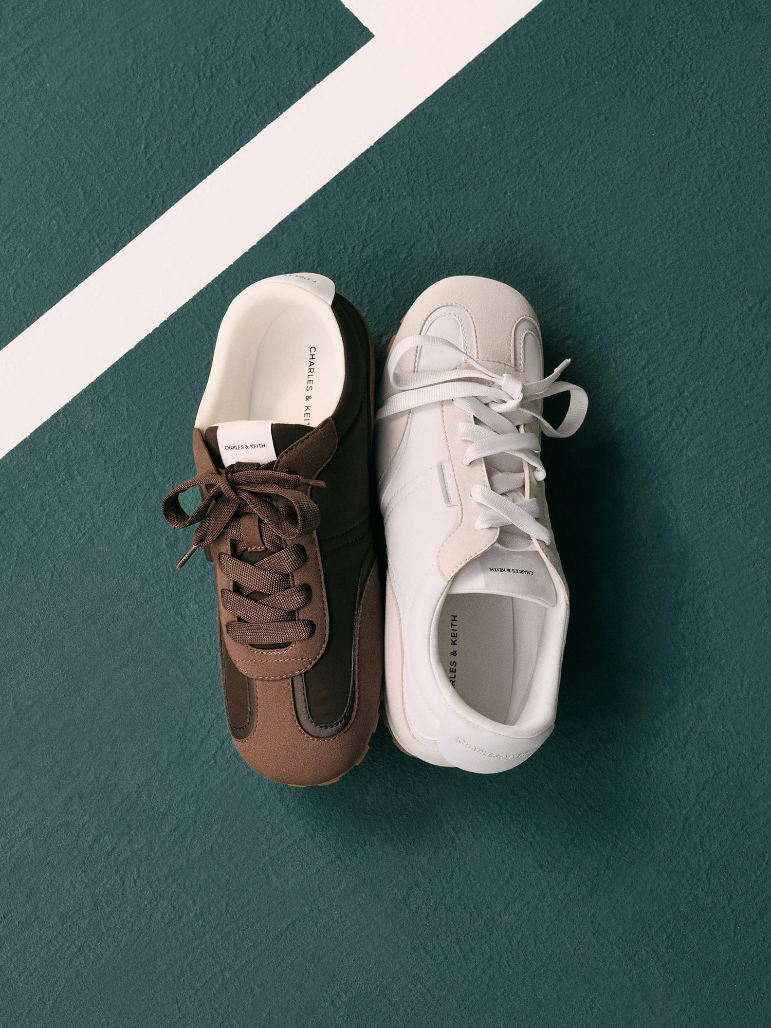 拼接綁帶休閒鞋 - 白色、深棕絨 - CHARLES & KEITH