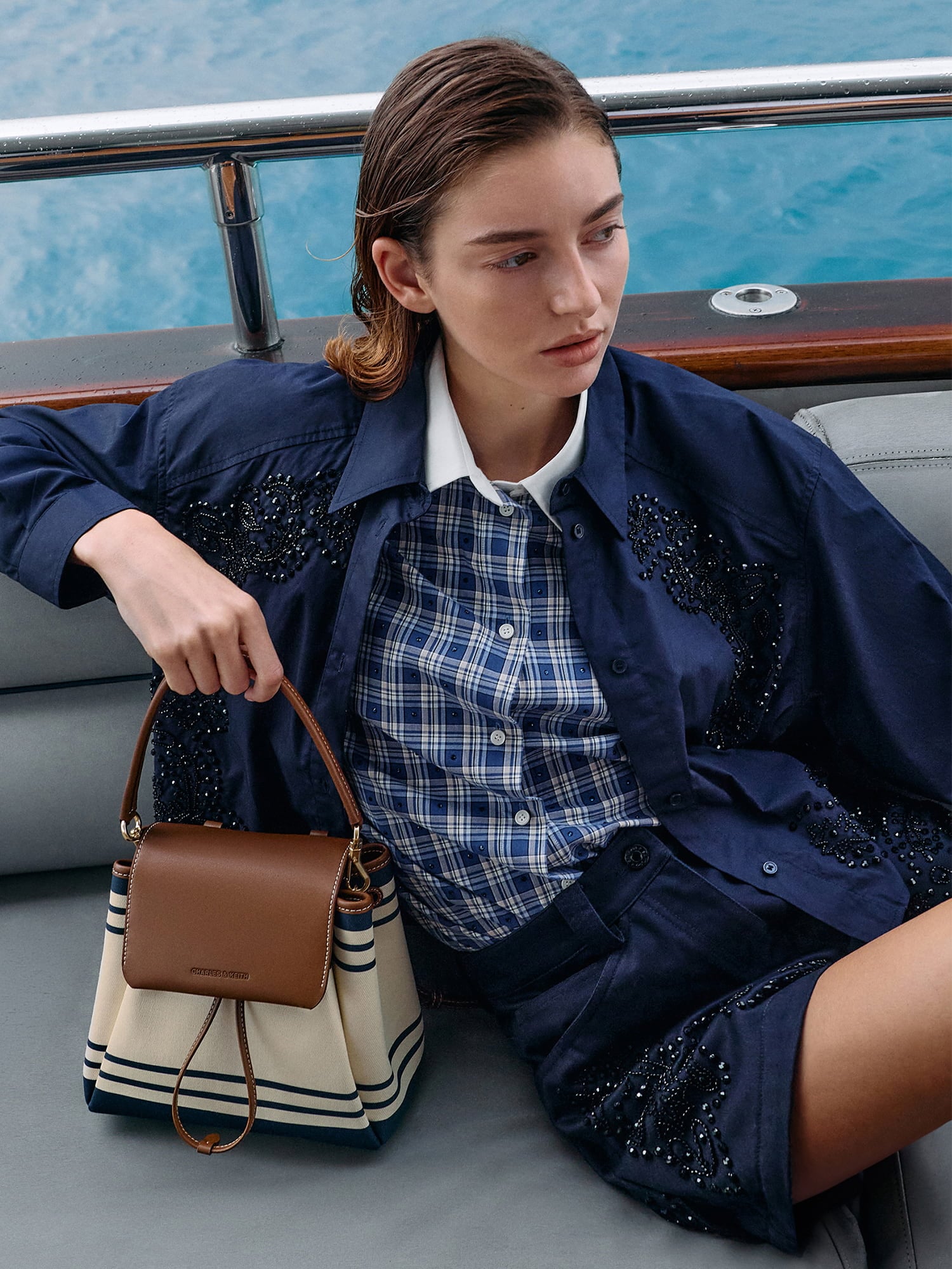 Noir Mini Ivanna Canvas Striped Tote Bag - CHARLES & KEITH