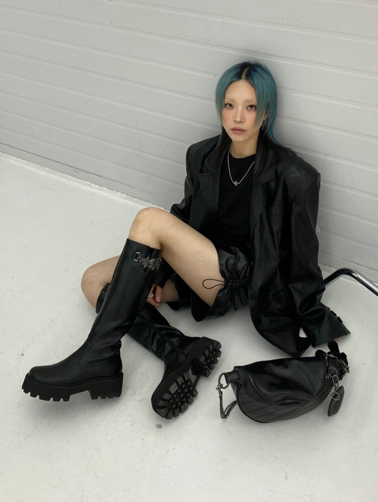 Rose-Motif Half-Moon Crossbody Bag, Imogen Rose-Motif Chunky Knee-High Boots and Teddy Bear Charm - CHARLES & KEITH