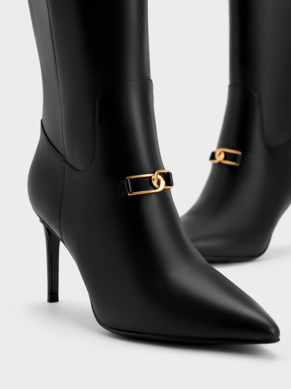 Women’s black Gabine Leather Heeled Knee-High Boots - CHARLES & KEITH