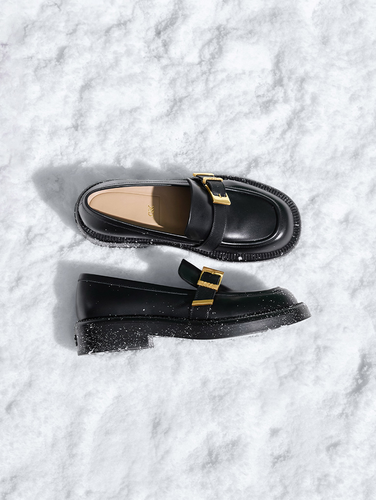 Women’s leather buckled-strap loafers in black - CHARLES & KEITH
