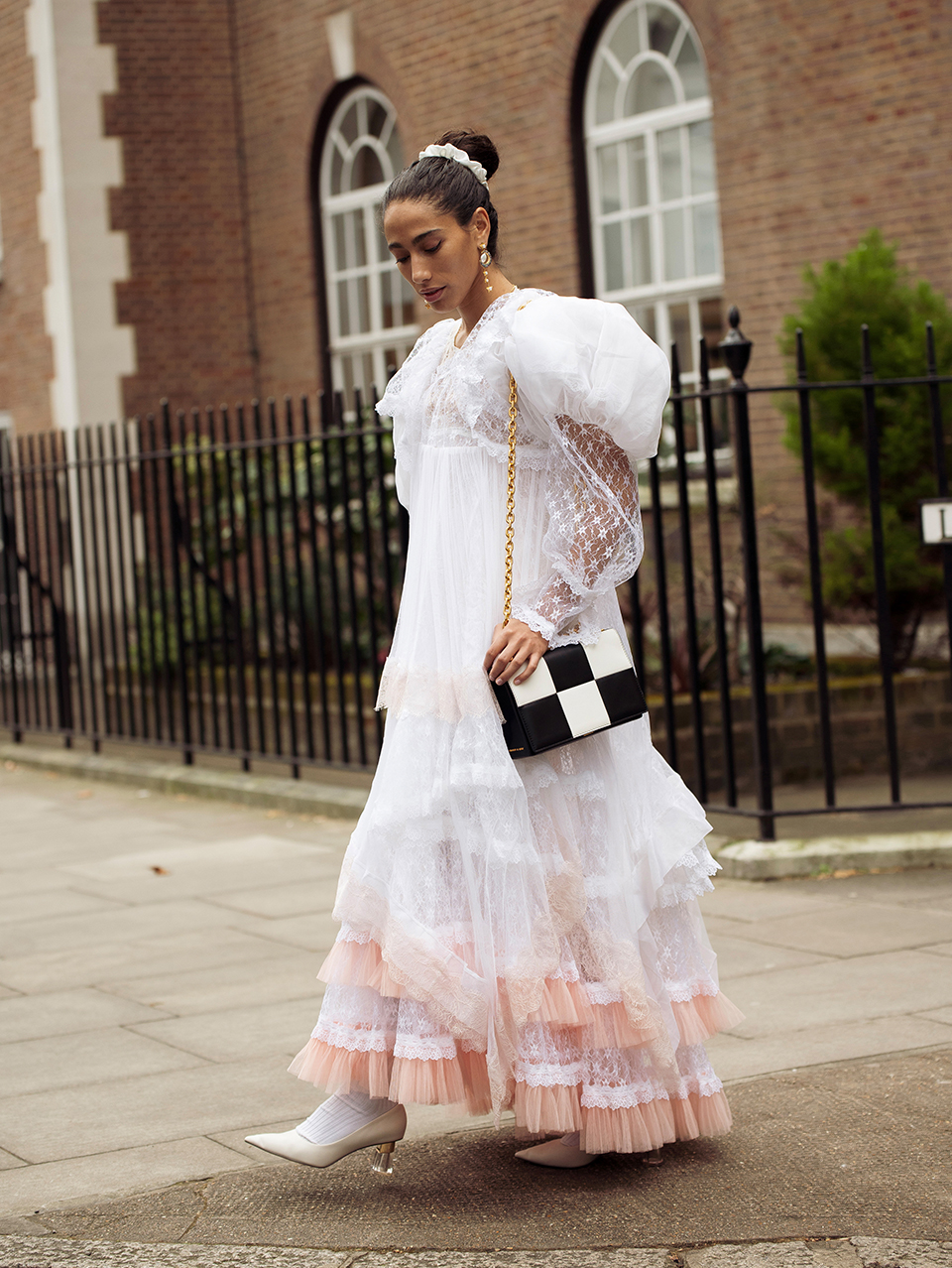 Women’s metallic accent clear heel pumps and Georgette chain handle checkered bag, as seen on Ciinderella Balthazar - CHARLES & KEITH