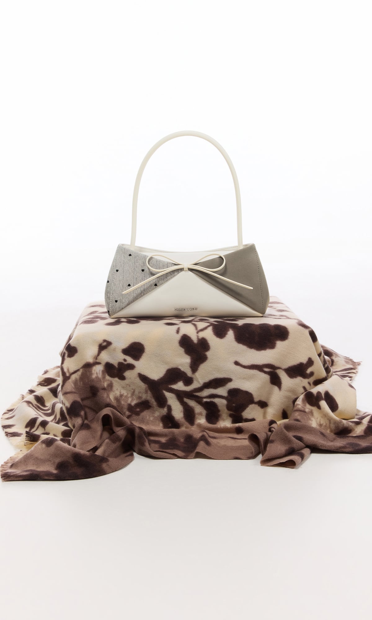 Taupe Hazel Heart-Print Bow Panelled Shoulder Bag - CHARLES & KEITH