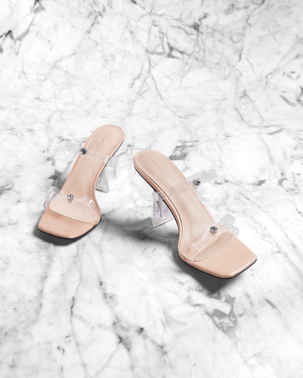 Women’s nude embellished bow see-through sandals - CHARLES & KEITH