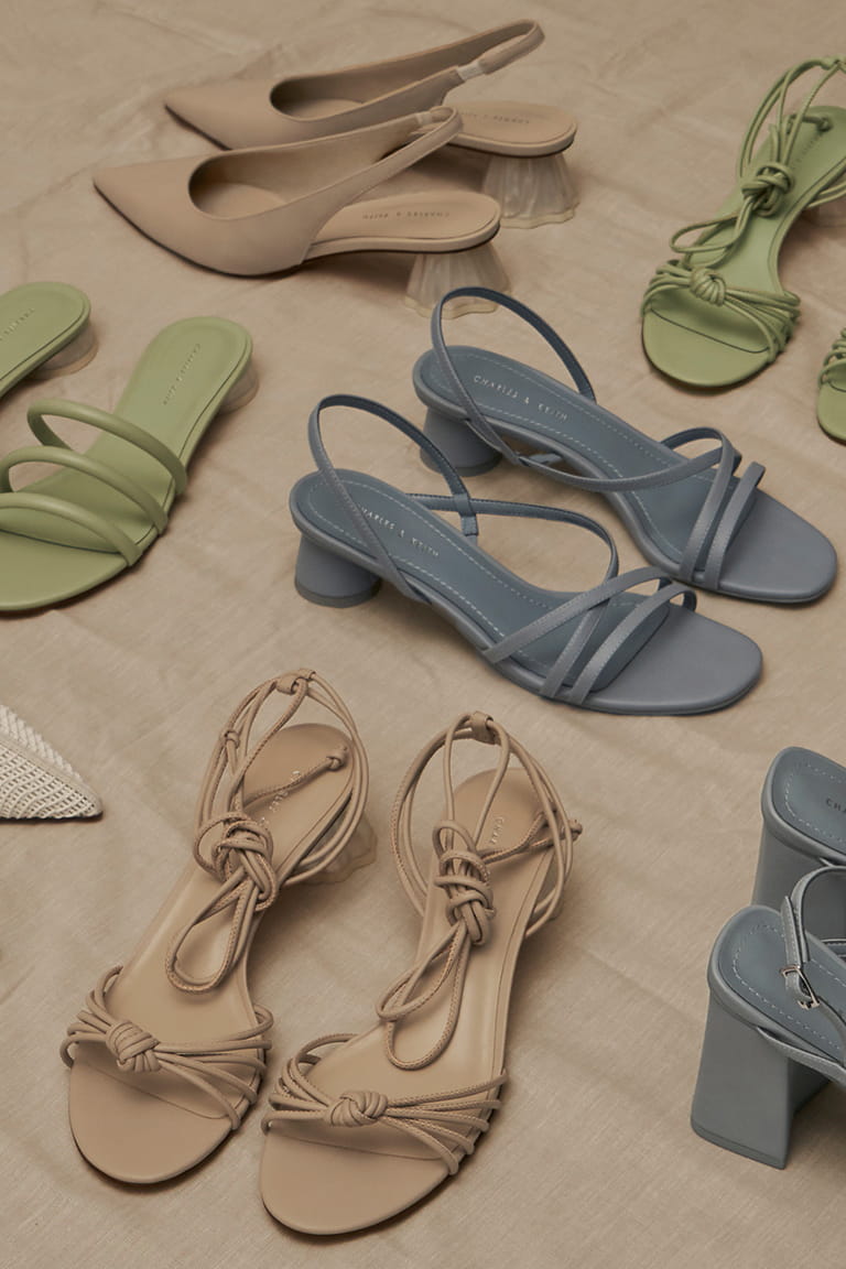 Strappy sandals, woven mules and slingback pumps in beige, chalk, light blue and mint green
