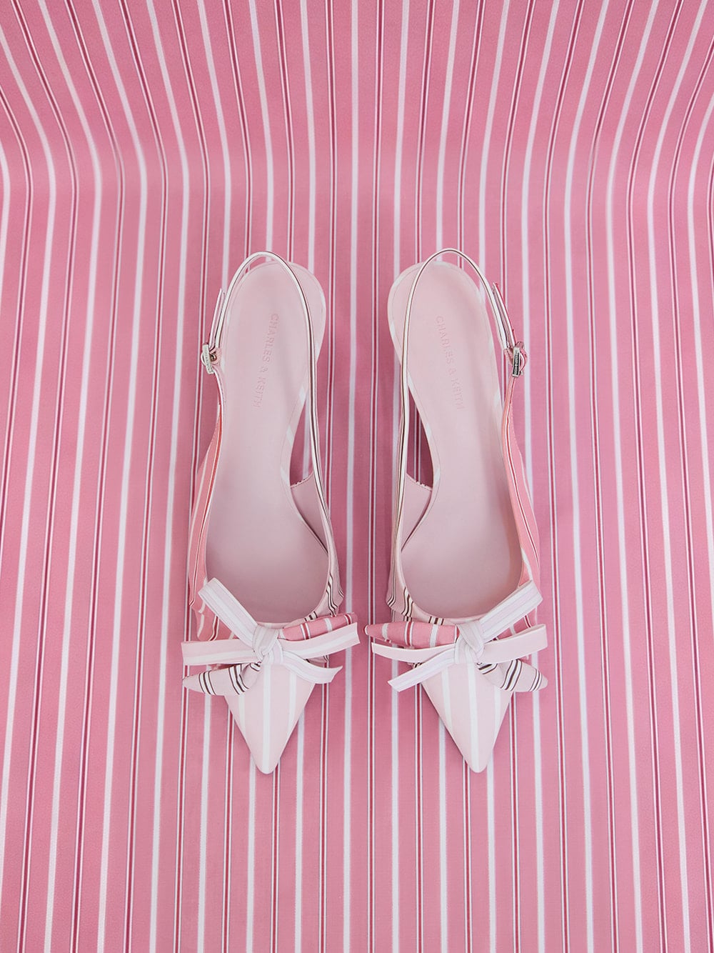 Striped Knot-Bow Pointed Slingback Pumps in light pink - CHARLES & KEITH