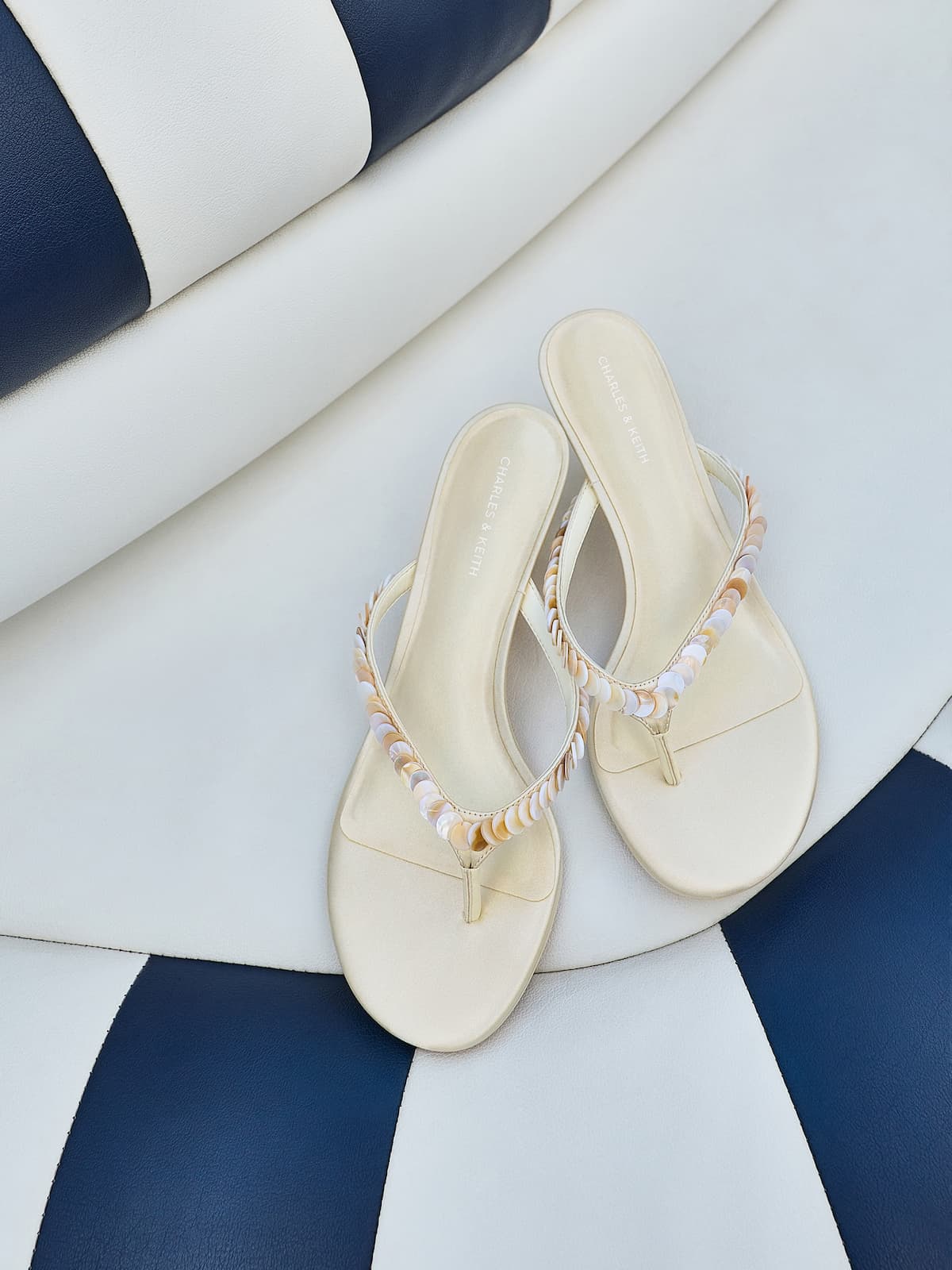 Cream Briella Sequinned Heeled Thong Sandals - CHARLES & KEITH