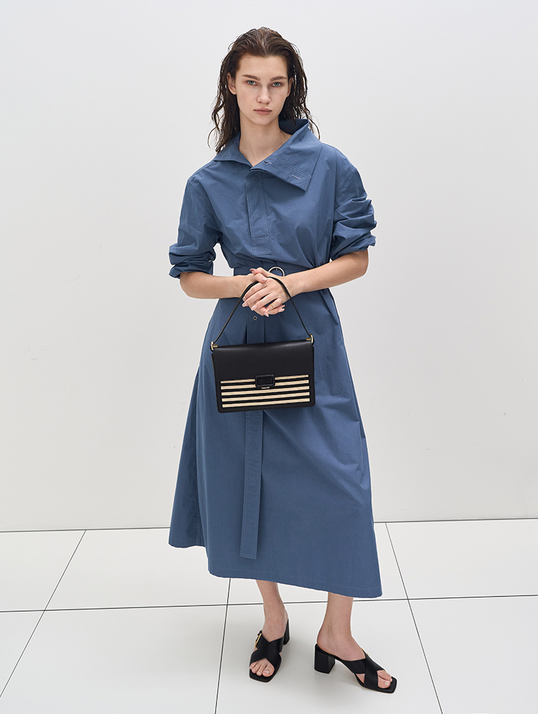 Women’s Trichelle Interwoven Leather Spool Heel Mules in black and Leather & Canvas Striped Shoulder Bag in multi - CHARLES & KEITH