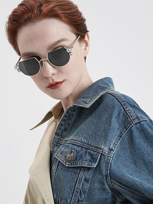 Swarovski® Crystal Pearl Embellished Cut-Off Round Sunglasses, Silver