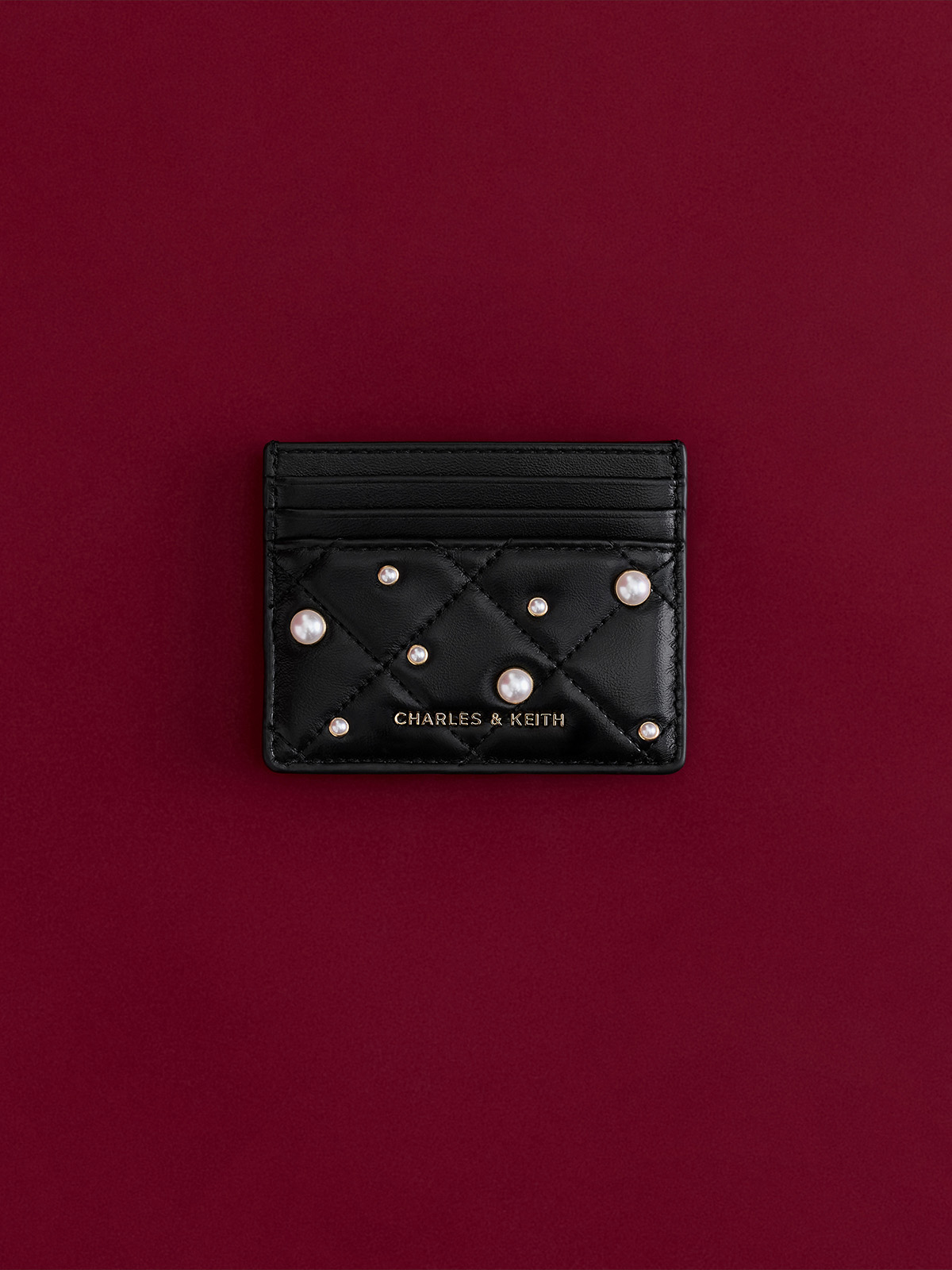 Black Janie Pearl-Embellished Quilted Card Holder - CHARLES & KEITH