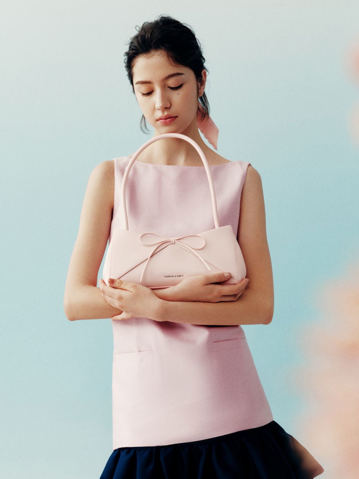 Soft pink Hazel Bow Panelled Shoulder Bag - CHARLES & KEITH