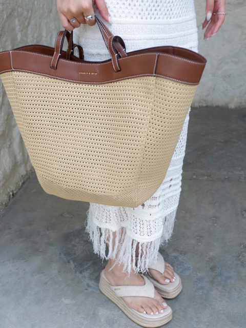 Women’s knitted sculptural tote bag and espadrille thong sandals, as seen on Vira - CHARLES & KEITH