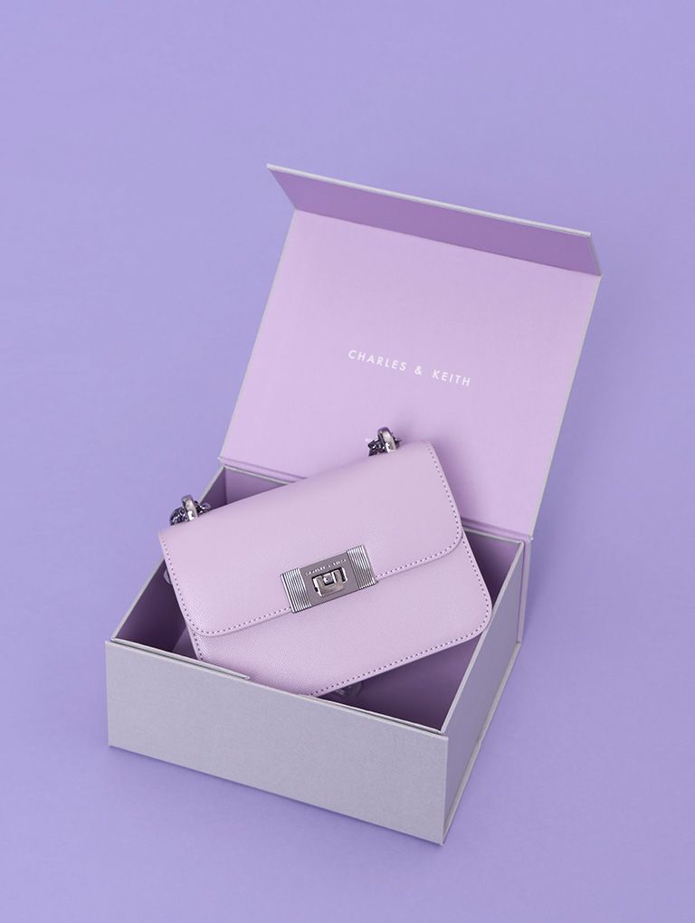 Charles & Keith card holder bag in purple with gold chain strap