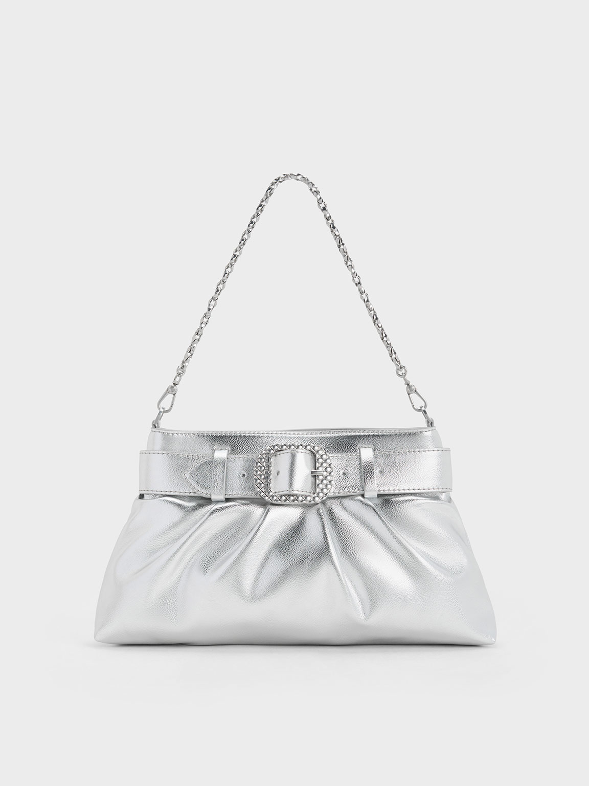 Silver Avis Metallic Belted Ruched Shoulder Bag - CHARLES & KEITH SG