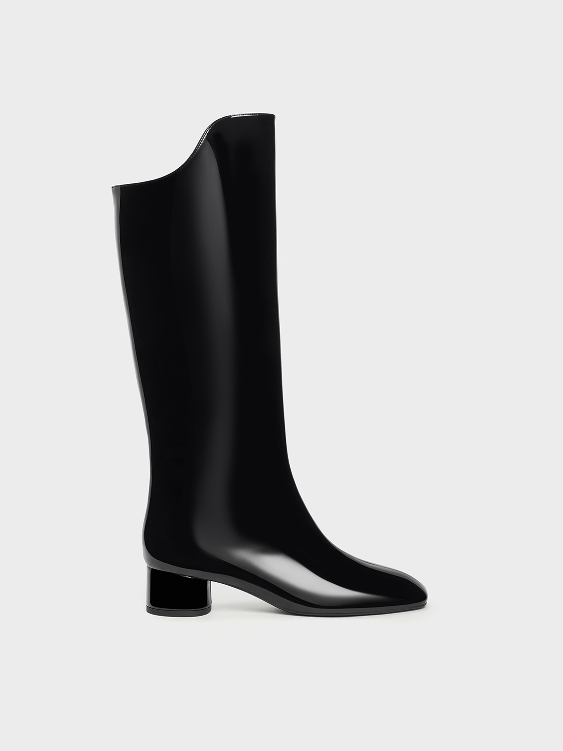 Charles & Keith - Patent Elongated Square-toe Knee-high Boots In Black Patent