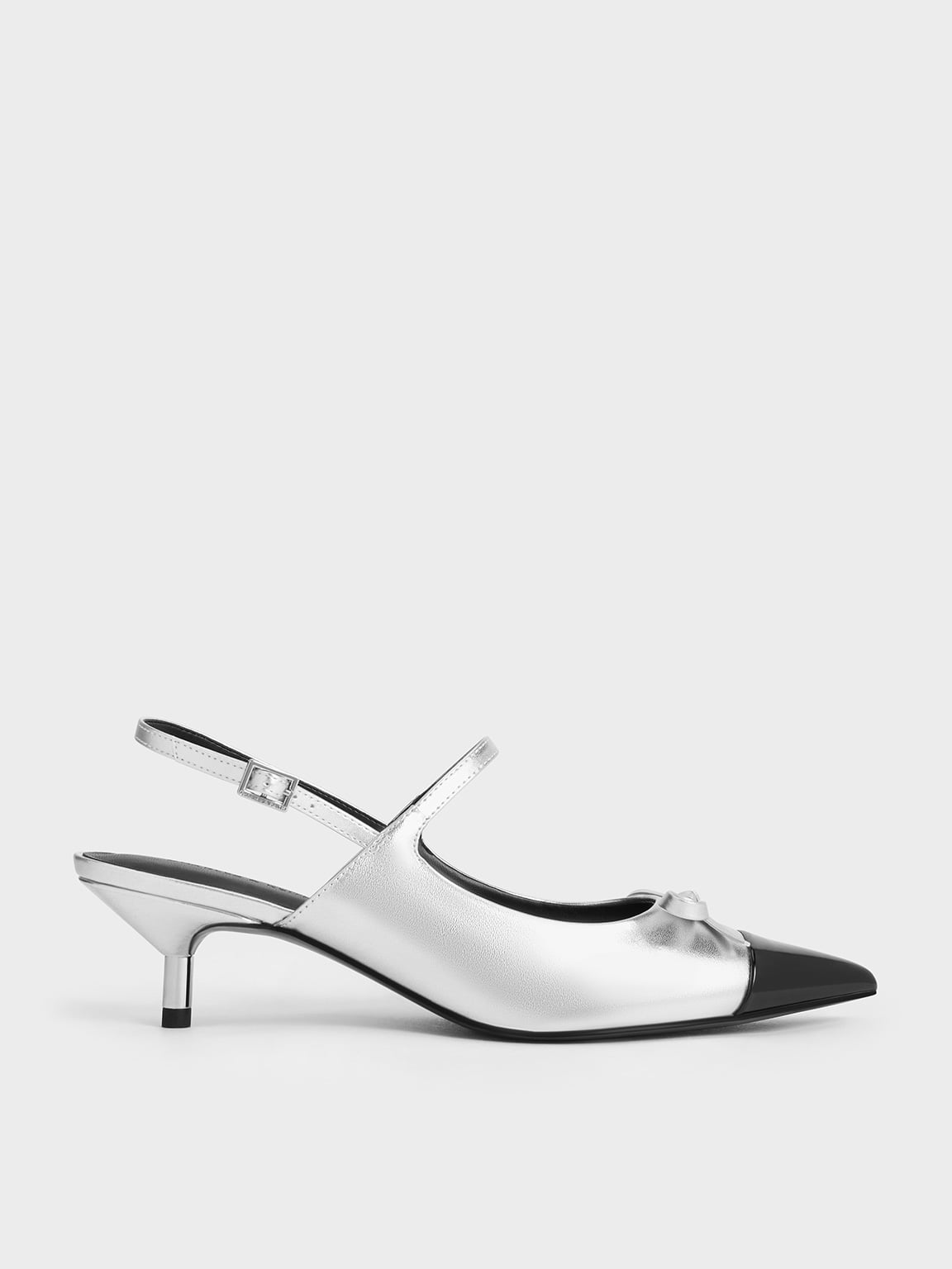 Silver Metallic Bow Cap-Toe Kitten-Heel Slingback Pumps - CHARLES ...