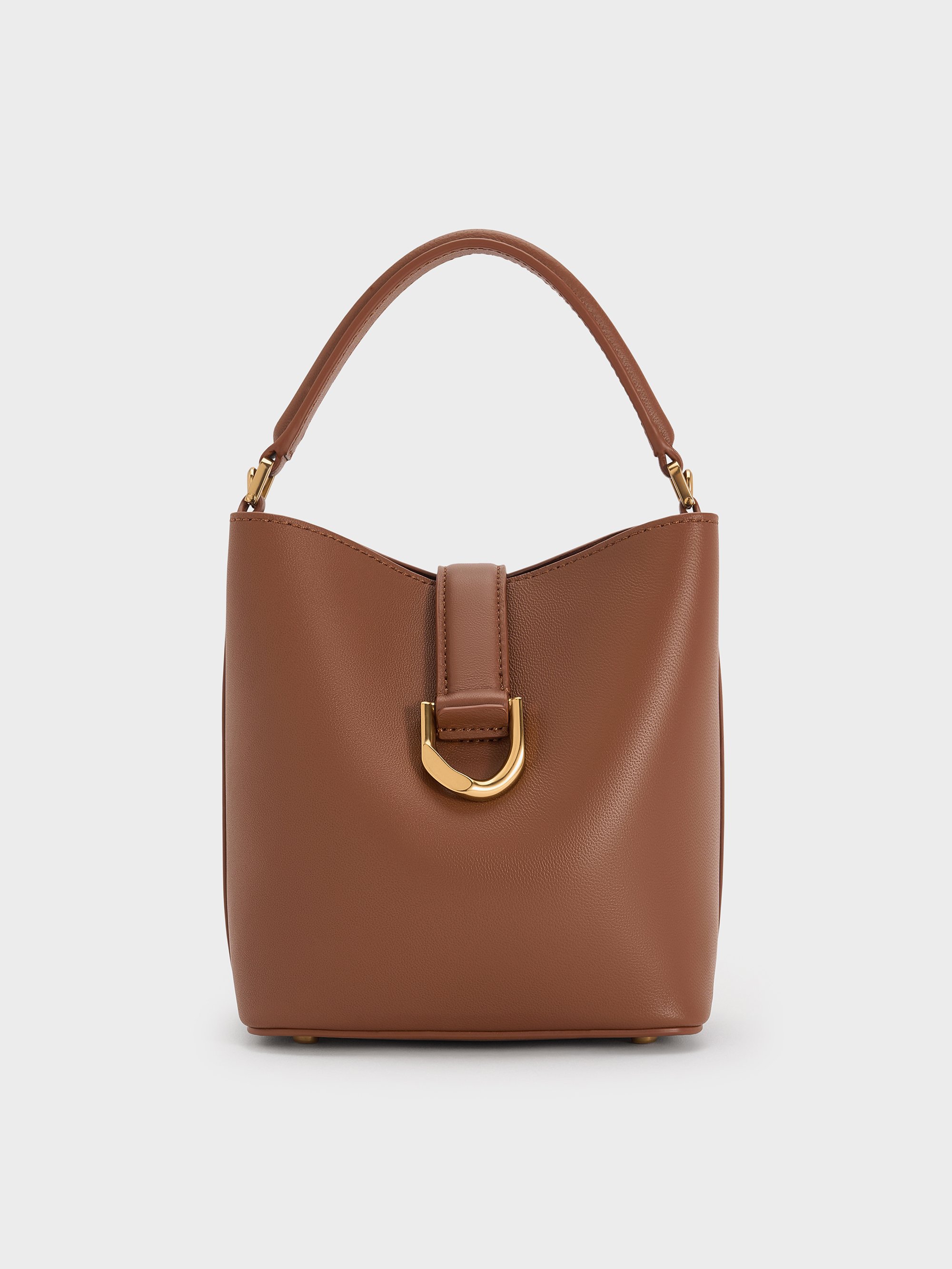 Chocolate Gabine Leather Belted Top-Handle Bucket Bag | CHARLES & KEITH