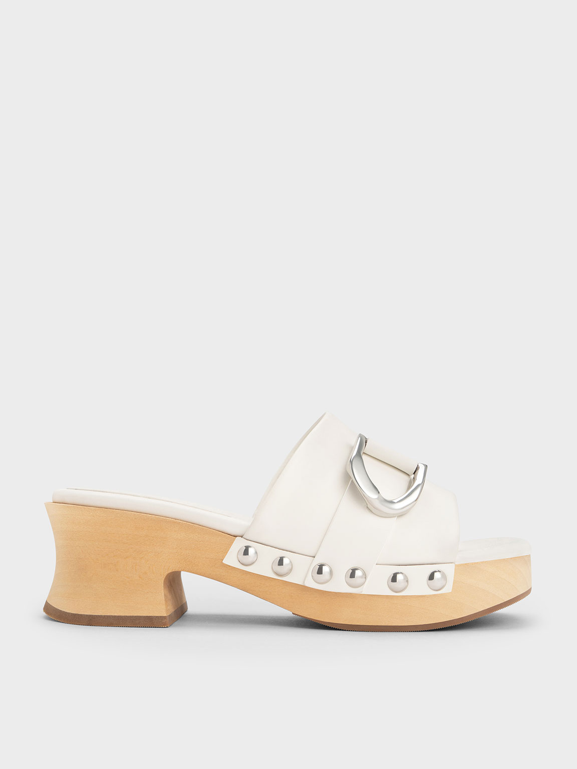 Charles & Keith Gabine Studded Leather Clogs In White