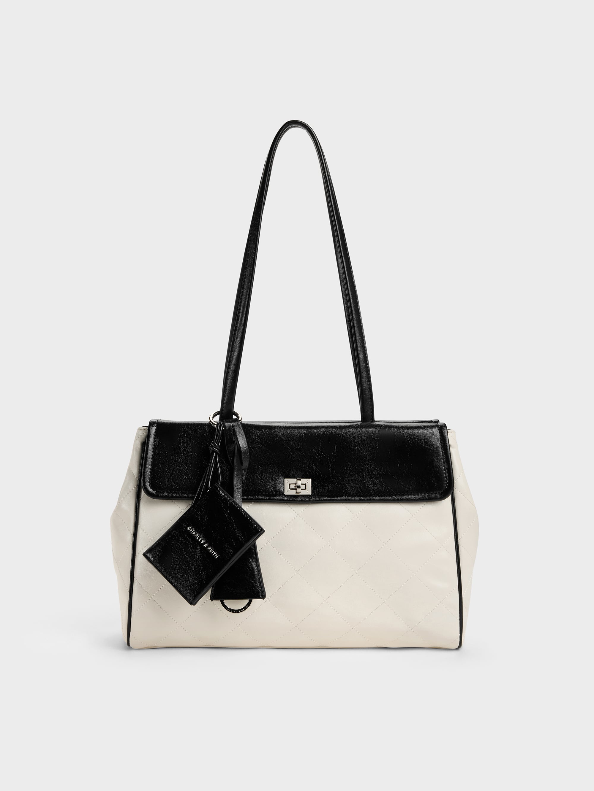 Charles & Keith - Xl Apfra Two-tone Quilted Tote Bag In White