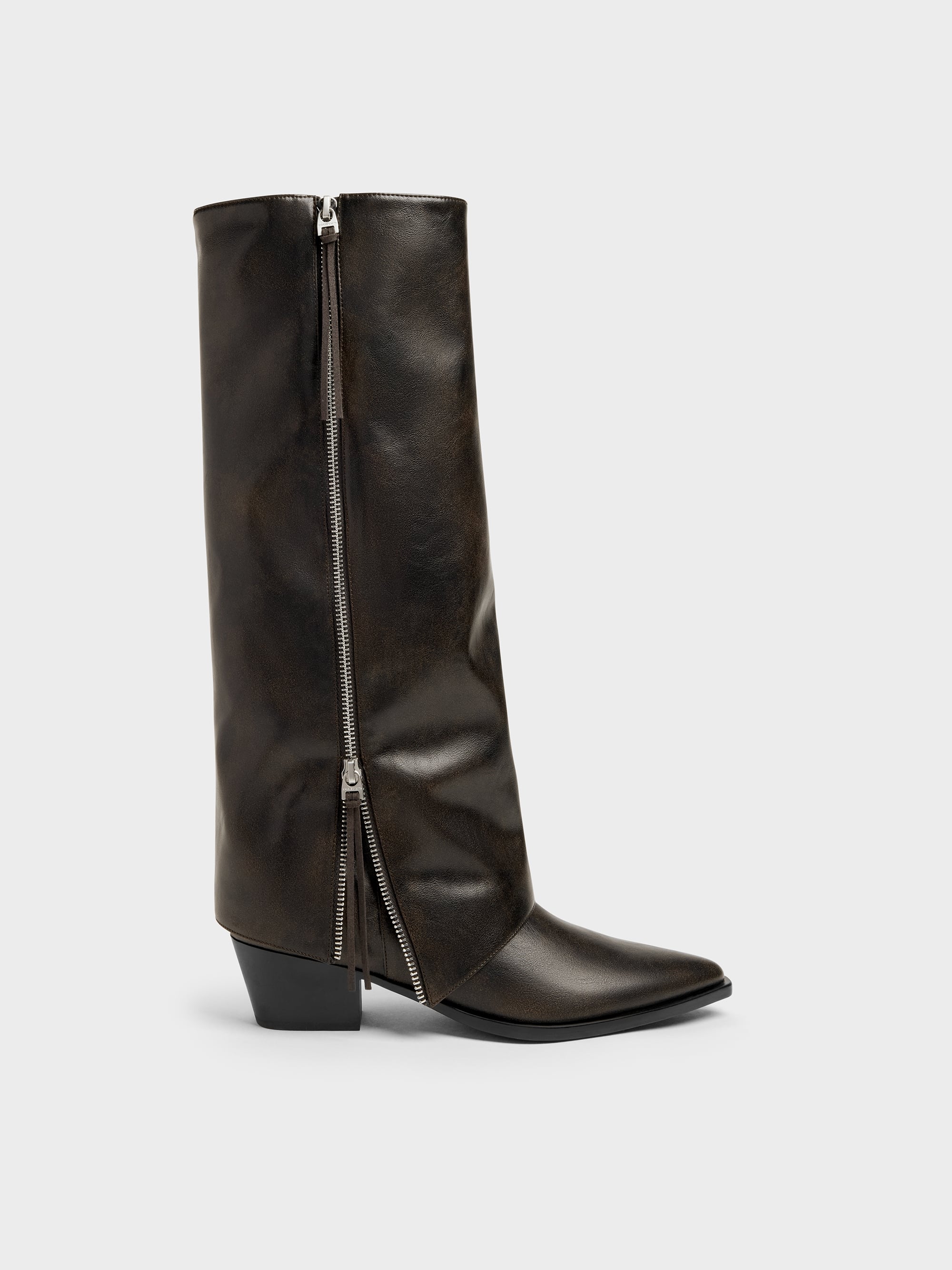 Aether Tassel-Zip Knee-High Boots - Dark Brown - CHARLES & KEITH