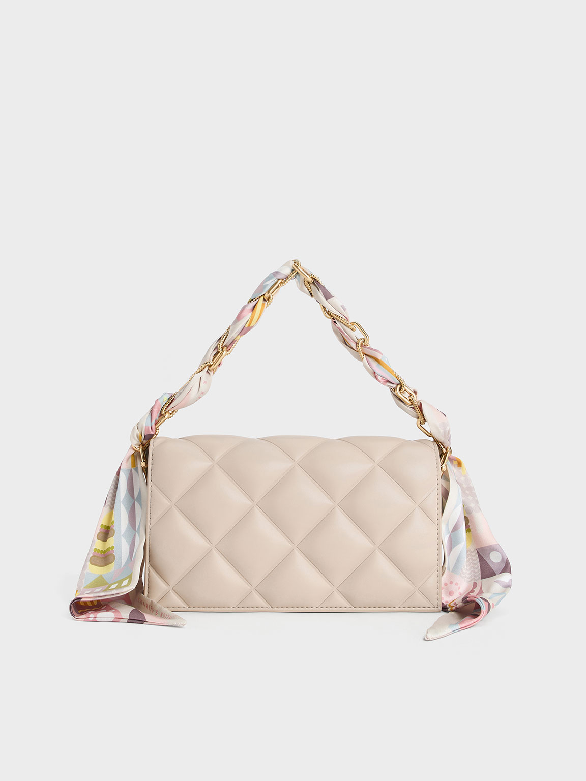 Charles & Keith Alcott Scarf Handle Quilted Clutch In Neutral