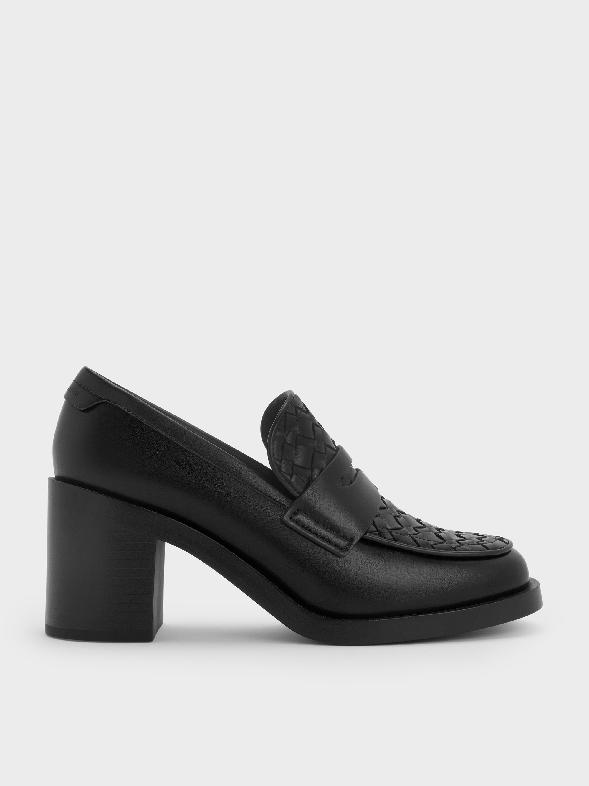 Woven-Detail Penny Loafer Block-Heel Pumps - Black - CHARLES 